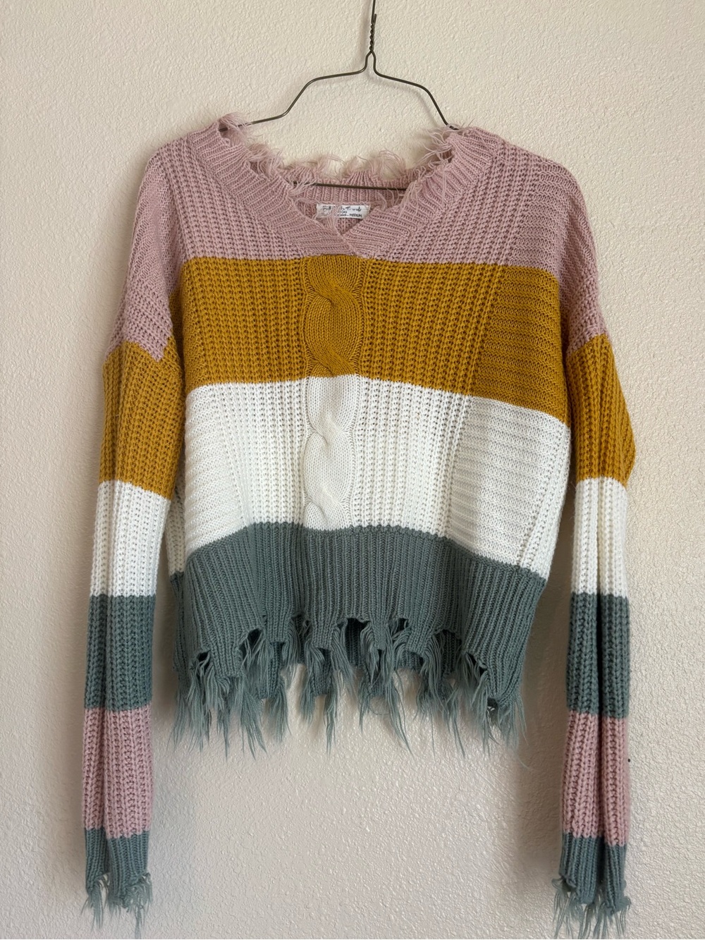 Colorblock Fringe V-Neck Sweater in Pink, Mustard, White & Sage